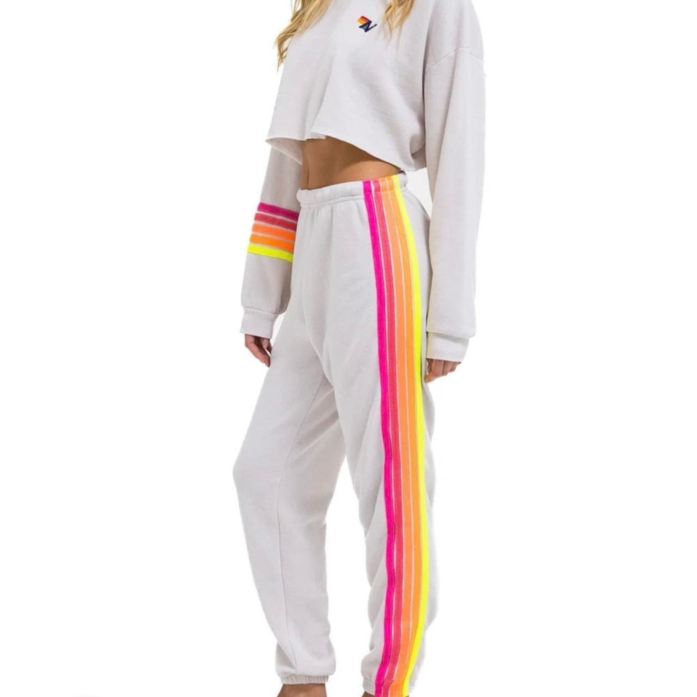 Aviator Nation White Joggers with Pink and Yellow Stripes